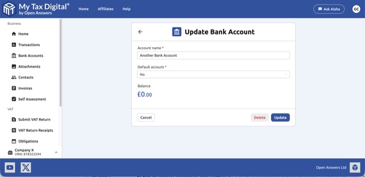 My Tax Digital Update Bank Account showing Delete button