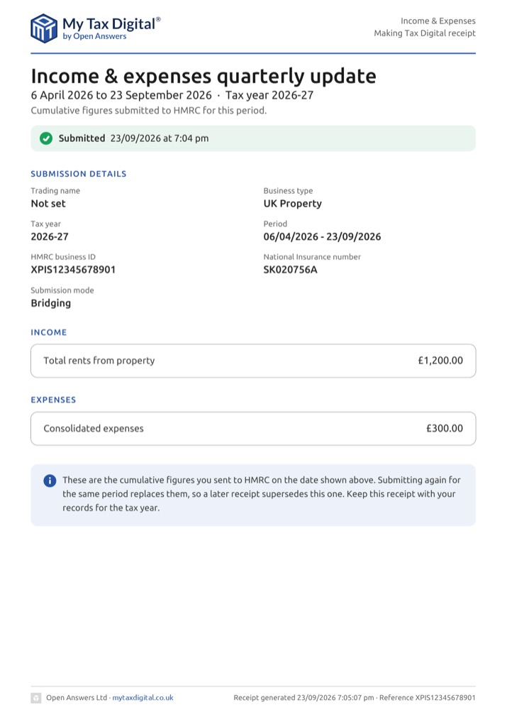 My Tax Digital - Downloaded quarterly update receipt PDF