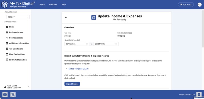 Update Income & Expenses — Bridging mode