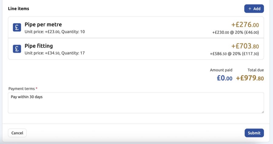 My Tax Digital E-Invoice items