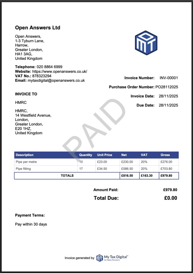 My Tax Digital E-Invoice Paid