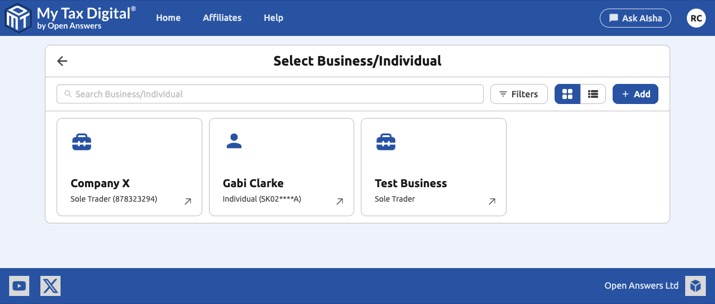 My Tax Digital - Select Business/Individual, grid view