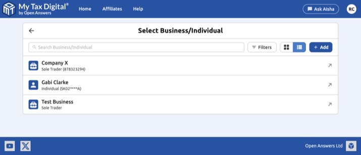 My Tax Digital - Select Business/Individual, list view