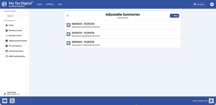 My Tax Digital - Adjustable Summaries list