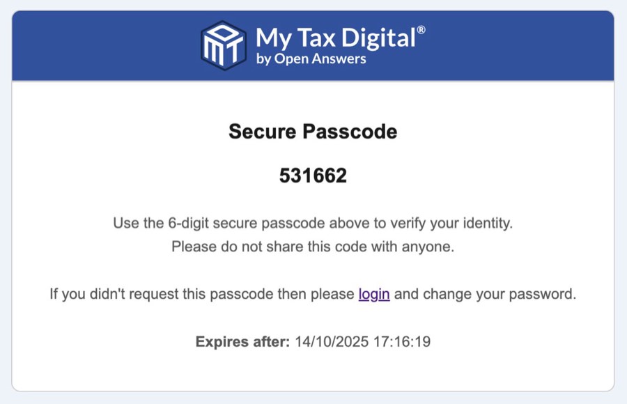 My Tax Digital Secure passcode email